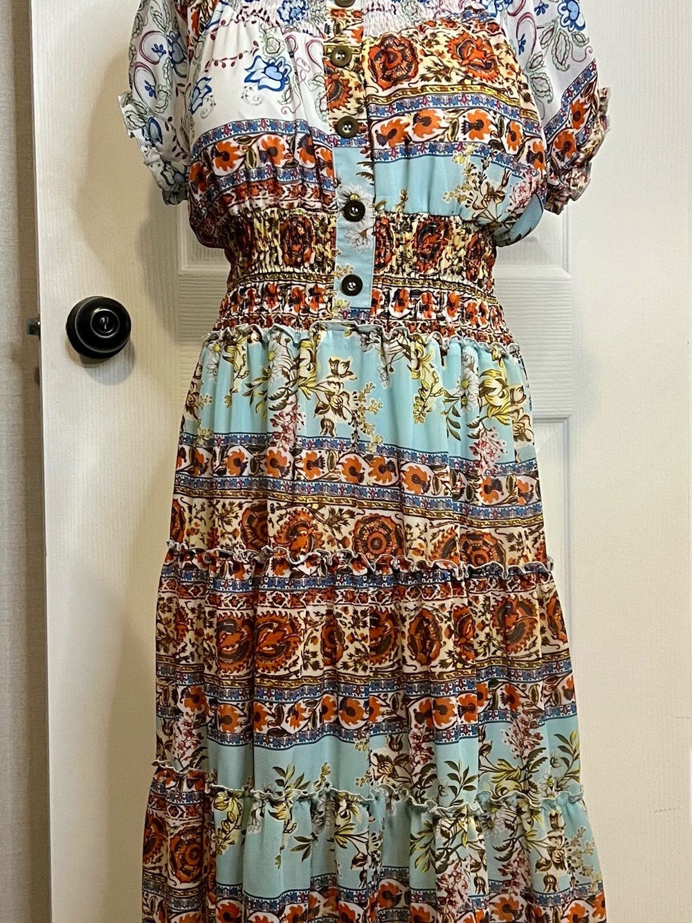 Lapis Light Blue and Rust Boho Midi Dress